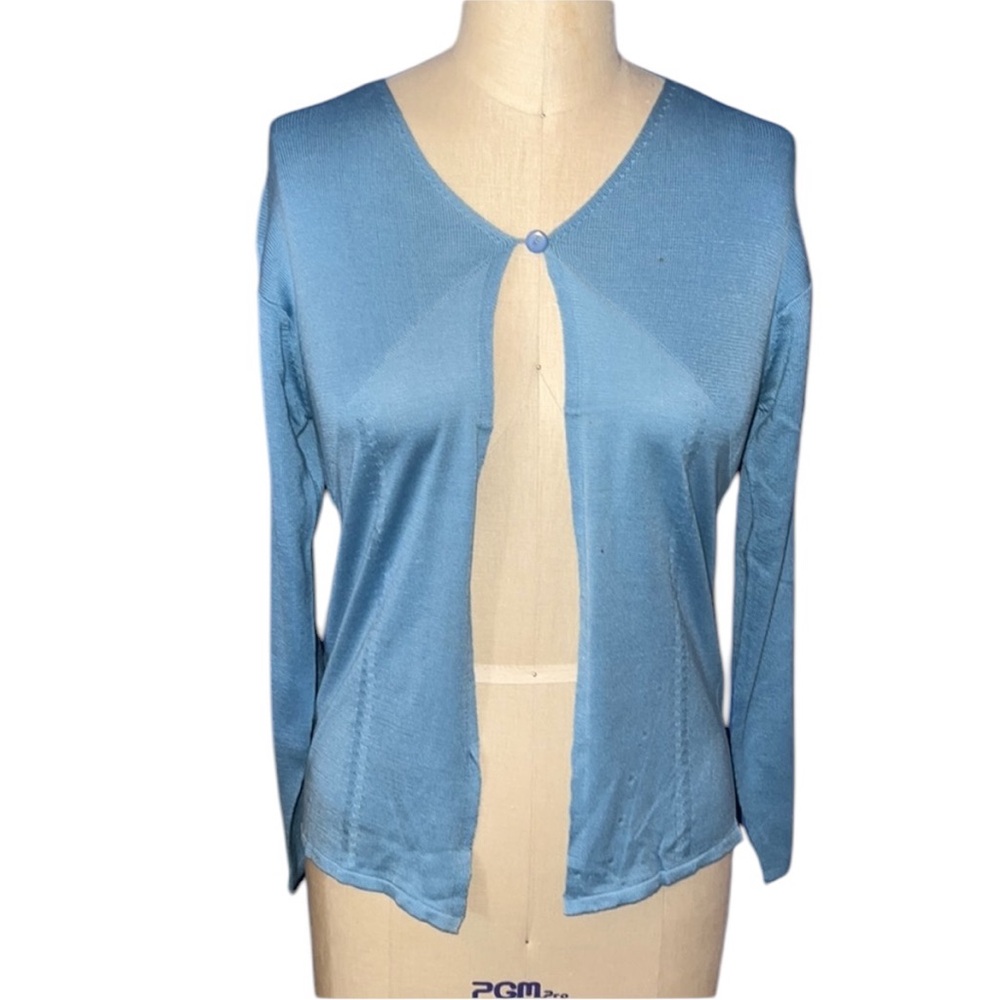 LeiLei Blue 100% Silk Long Sleeve Cardigan 1 Button Closure  Size Medium